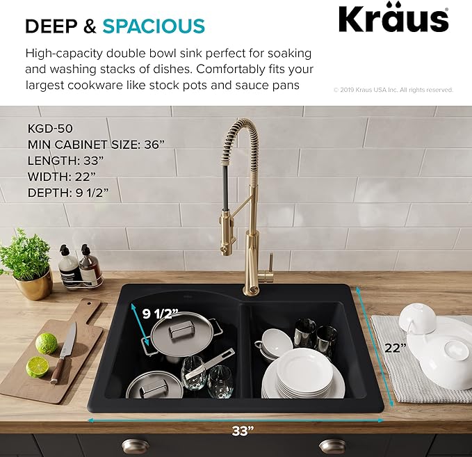 KRAUS Forteza 33-inch Drop In/Undermount 60/40 Double Bowl Granite Kitchen Sink - Image 3