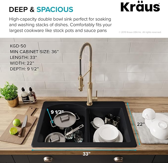 KRAUS Forteza™ 33” Dual Mount 60/40 Double Bowl Granite Kitchen Sink in Black - Image 3