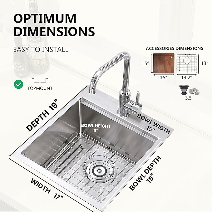 COMLLEN 17x19 Inch Drop in Bar Sink, Outdoor Sink 304 Stainless Steel Kitchen - Image 5
