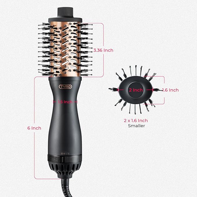 TYMO 2.0 Hair Blow Dryer Brush - Blowout Hot Air Brush, One Step Volumizer, Upgraded 2 Inch Barrel Roller Curling Styler, 3X Faster Drying, 0.6 lb Lightweight, Straightener Curling in One, Black