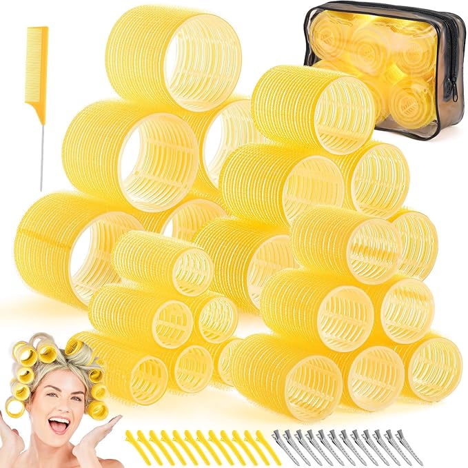 Obeoby 4 Sizes Hair Rollers for Women, 50 Pcs Set Hair Curlers with Clips Comb Curlers for Long Short Curly Hair and Bangs (25, 36, 48, 60mm), Yellow
