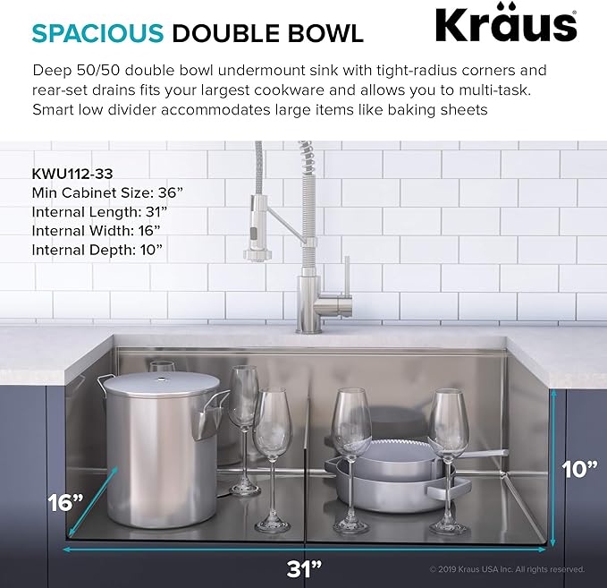 KRAUS Kore™ Workstation 33-inch Undermount 16 Gauge Double Bowl Stainless Steel - Image 3
