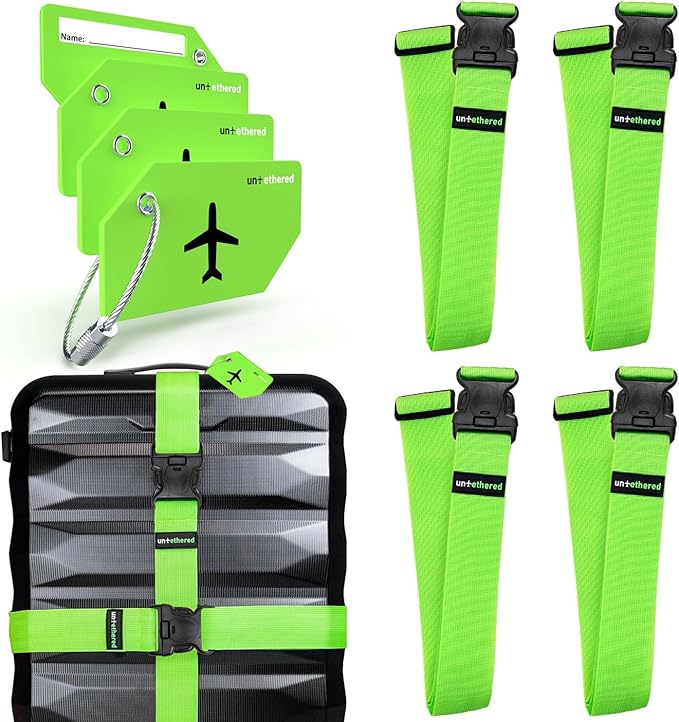 Untethered Ultimate Travel Set: 4 Premium Luggage Straps and 4 Silicone Tags by Untethered