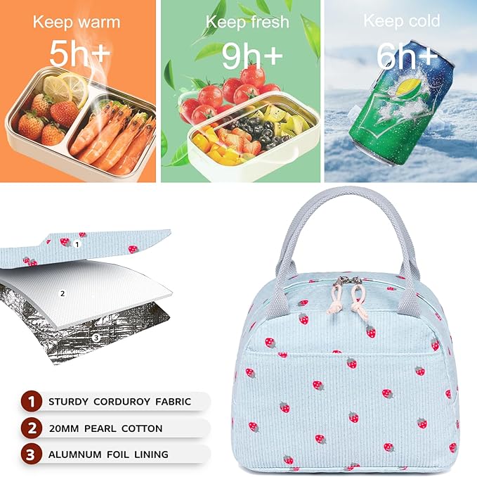 Bluboon Lunch Bag for Women Men Cute Corduroy Lunch Tote Bags Reusable - Image 8