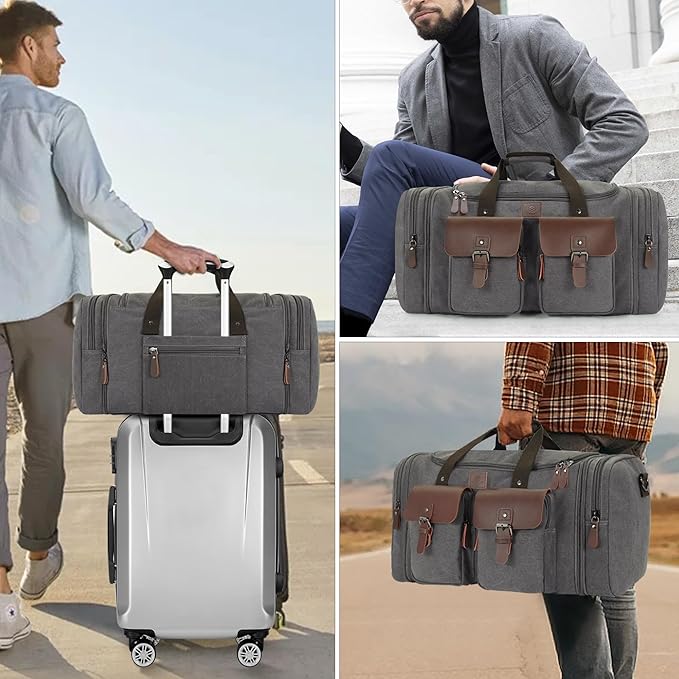Canvas Duffle Bag for Men 50L Travel Duffel Bags Expandable Genuine Leather - Image 8