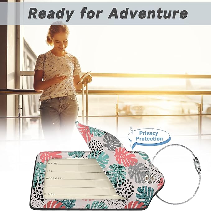 2 Pack Luggage Tag for Suitcase, Wave Dot Art Tropical Palm Leather Suitcase - Image 5