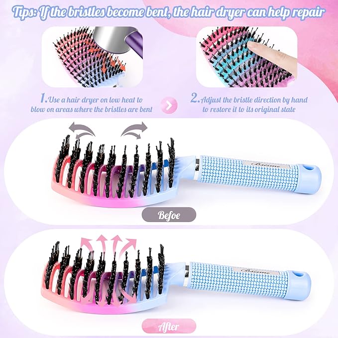 Boar Bristle Hair Brush, Curved Vented Detangler Brush Faster Blow Drying, Paddle Detangling Brush for Women Men Kids Wet Dry Long Curly Thick Straight Hair, Make Hair Shiny and Healthier(Purple+Blue)