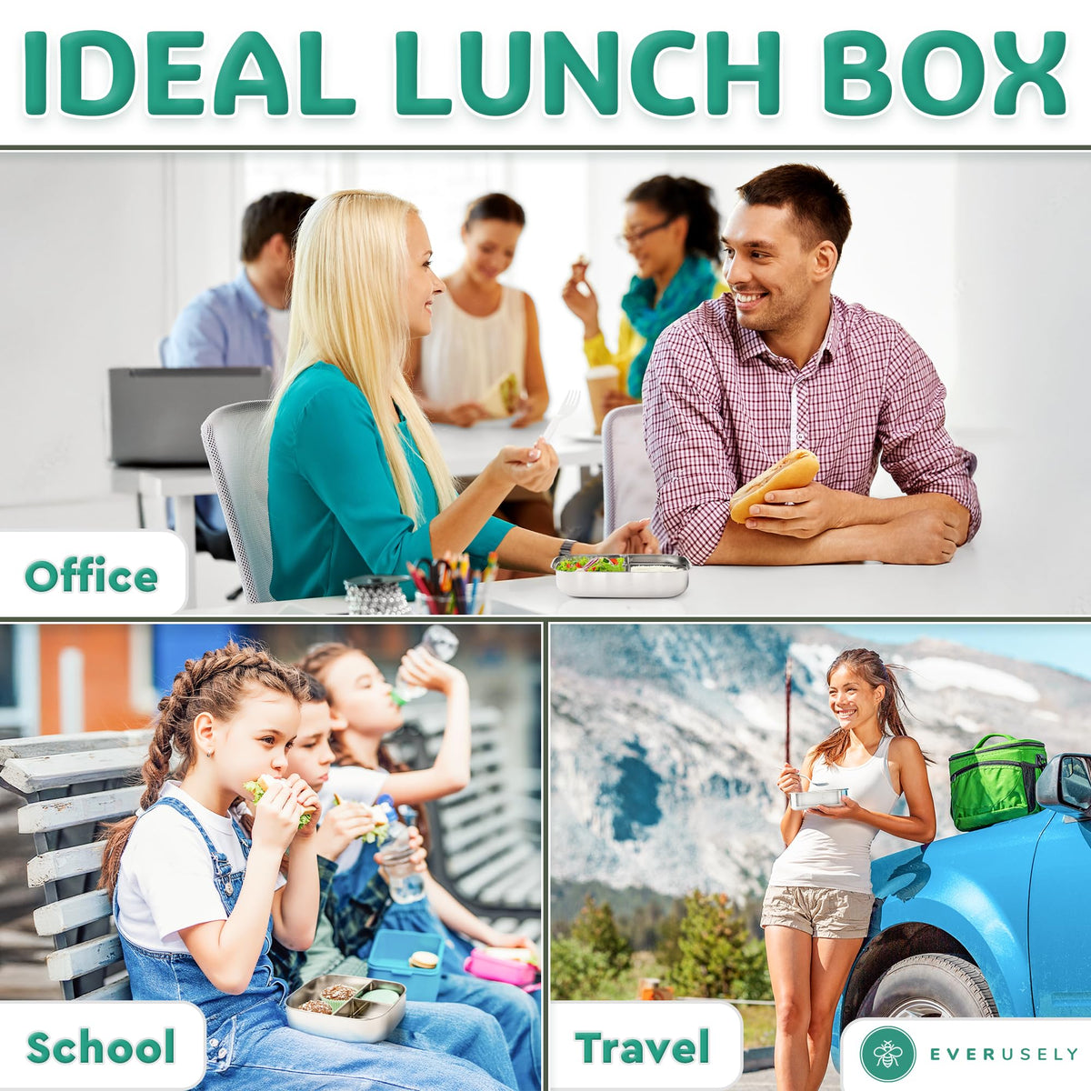 Stainless Steel Bento Box + Condiment Container (Green / 47oz / 1400ml)
