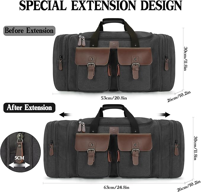 Canvas Duffle Bag for Men 50L Travel Duffel Bags Expandable Genuine Leather - Image 2