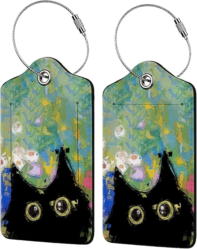 Oil Painting Black Cat 2 Pcs Luggage Tags, Privacy Cover ID Label by Unknown