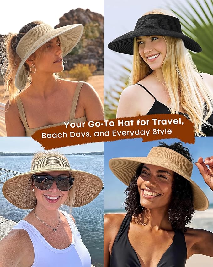 Womens Sun Visor Hats Wide Brim Straw Beach Hat UV Protection Ponytail Packable - Image 6