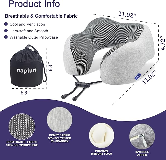 napfun Neck Pillow for Traveling, Upgraded Travel Neck Pillow for Airplane 100% - Image 2