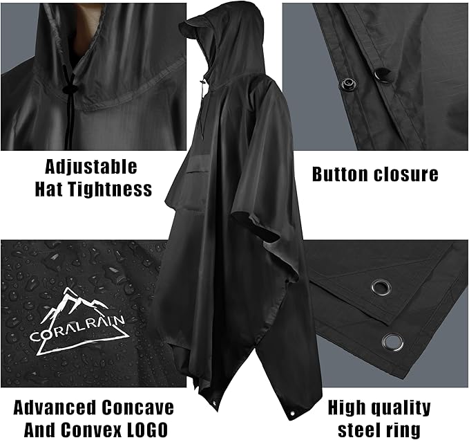 Coralrain Hooded Rain Poncho Lightweight Waterproof Unisex Raincoat Jacket - Image 3