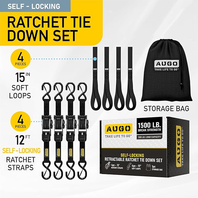 AUGO Self-Locking Retractable Ratchet Straps | 4 Heavy Duty Self-Tensioning - Image 4
