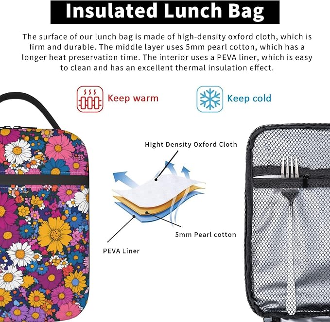 Floral Insulated Lunch Box for Women Men Floral Lunch Bag for Travel, or - Image 5