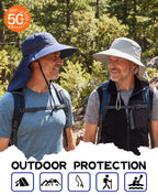 UPF50+ Mens Sun Hat Wide Brim Mesh Fishing Hat with Neck Flap UV Protection Hat for Gardening Golf Navy Blue (Large-X-Large / Navy Blue)