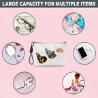 Make Up Bag For Woman, Cosmetic Bag With Hand Strap - Vintage Butterflies - Lined Toiletry Bag - Retro Theme Pouch, Butterfly Organizer With Zipper, Women Essentials & Accessories - B04