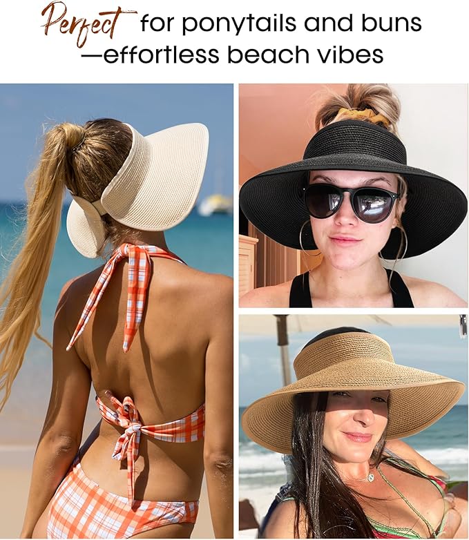 Womens Sun Visor Hats Wide Brim Straw Beach Hat UV Protection Ponytail Packable - Image 3