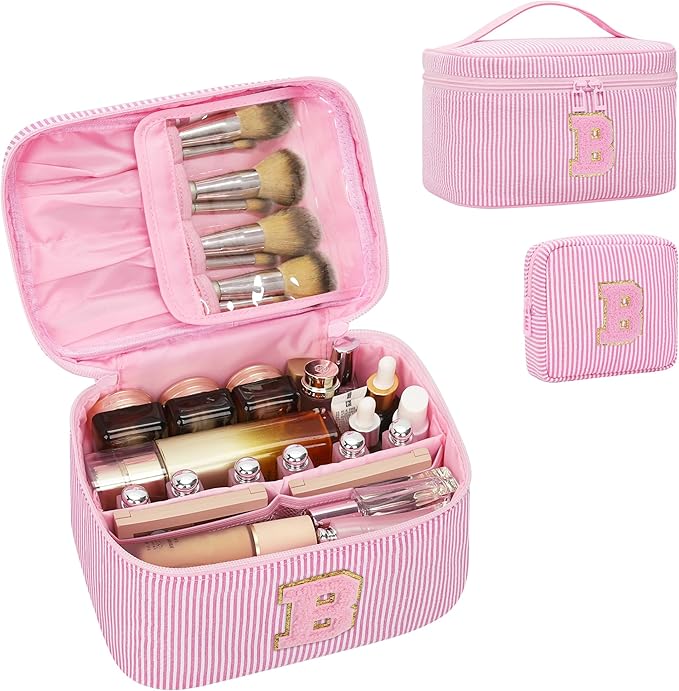 MONSTINA Cute Makeup Bag for Girls&Women Personalized Initial Toiletry Bag,Make Up Case for 11 12 13 14 15 16 Years Old Teen Girls Gift Trendy Stuff Birthday Gift for Her,2PCS Pink B
