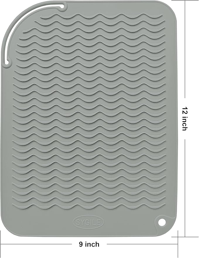 12" X 9" Large Heat Resistant Silicone Mat for Hair Styling Tools, Curling Iron Mat, Flat Iron Holder, Hair Straightener Pad, Makeup Mat, Hot Tools Mat for Travel Vanity Salon - Gray