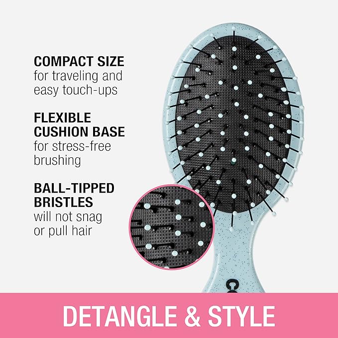 Conair Detangling Mini Hair Brush Set, 3-Pack Detangler Brushes for Wet or Dry Hair, Gentle Detangler for All Hair Types, Hair Brushes for Women and girls. gifts for her, Silver, Blue, Pink