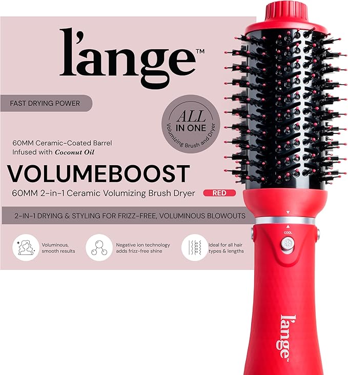 L'ANGE HAIR VolumeBoost 60mm 2-in-1 Ceramic Volumizing Brush Dryer | Fast Drying & Styling for Frizz-Free, Voluminous Blowouts | Ceramic-Coated Barrel (Red)