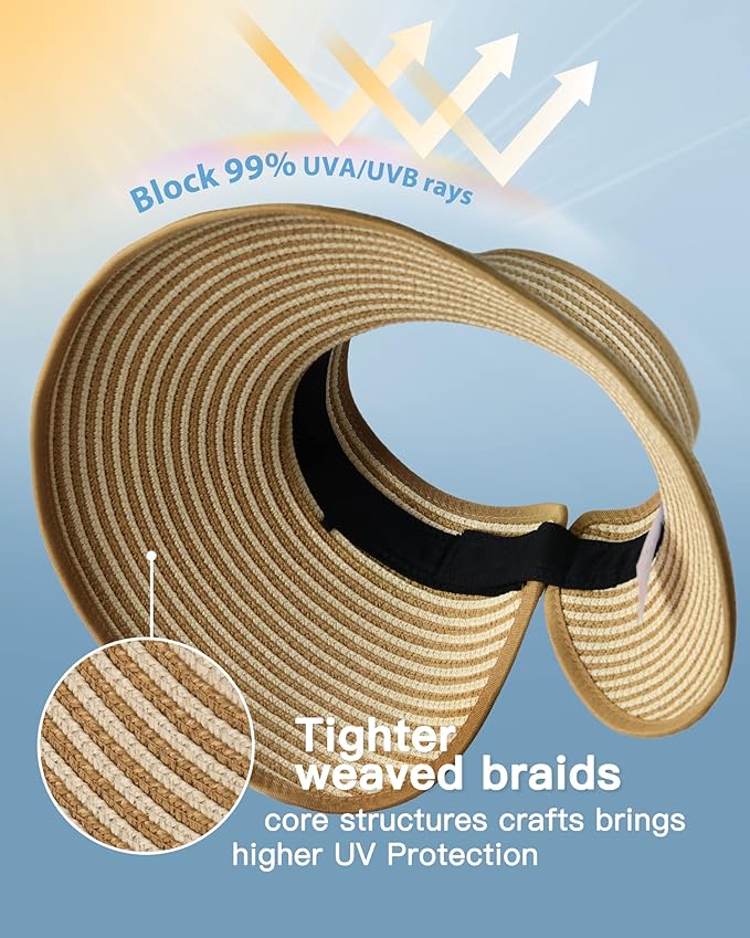 FURTALK Sun Hats for Women Wide Brim Beach Hat Straw Visor Ponytail Summer UV - Image 2