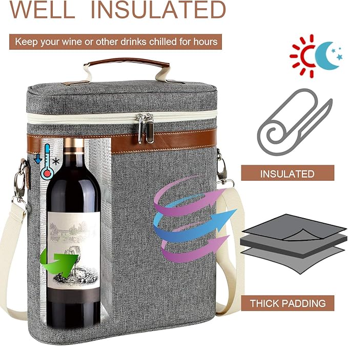 3 Bottle Insulated Wine Tote Carrier Bag, Portable Travel Padded Wine Cooler - Image 2