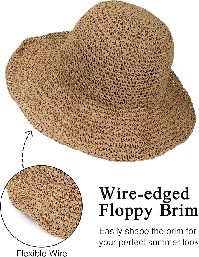Womens Wide Brim Straw Sun Hat Foldable Floppy Crochet Beach Hat - Image 4