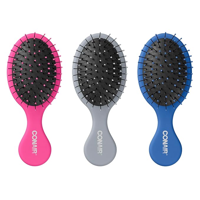 Conair Detangling Mini Hair Brush Set, 3-Pack Detangler Brushes for Wet or Dry Hair, Gentle Detangler for All Hair Types, Bristle Hair Brushes for Women, Travel Size, Pink, Gray, and Blue