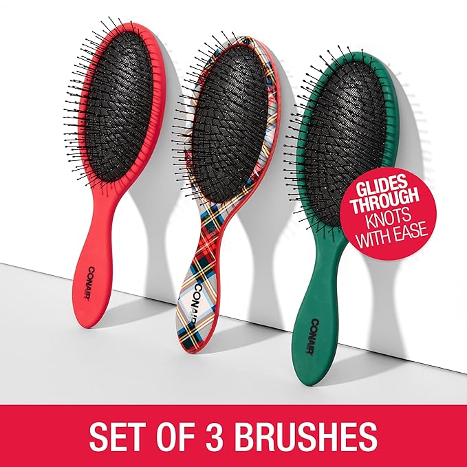 Conair Detangling Hair Brush Set 3 Pack, Use Wet and Dry and ideal for All Hair Types, Detangler Brushes for Women and girls, gifts for her, Tartan, Red, Green