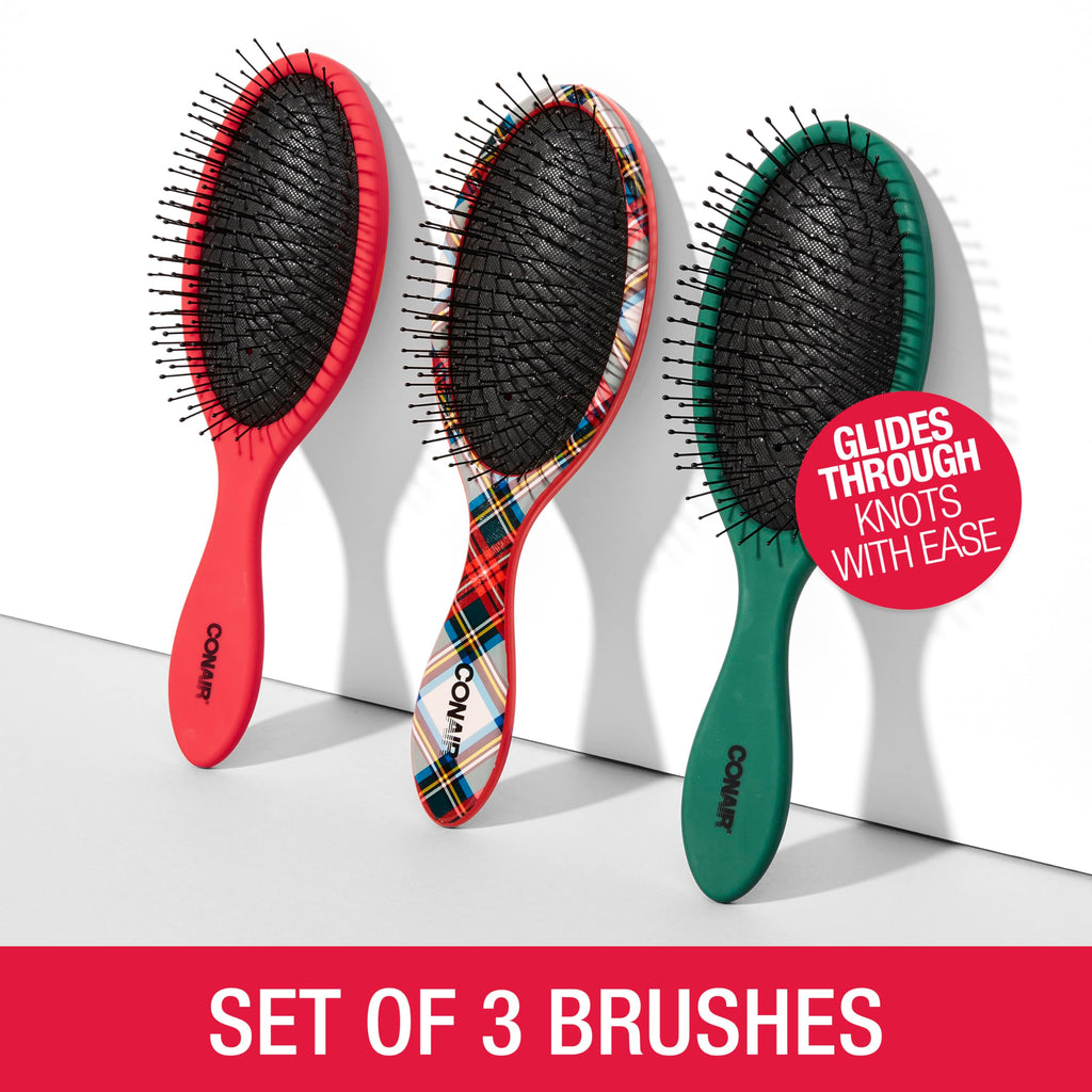 Hair Brush Set (Tartan, Red, Green / 3 Count Full Size)