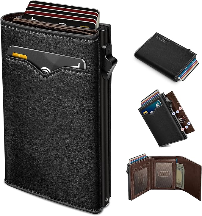 Wallet for Men, with Cash Pocket 2 ID Window 9-13 Cards, Metal Case Smart Slim by Miyozi