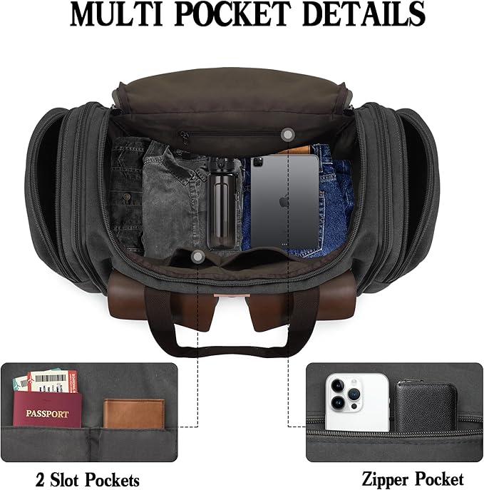 Canvas Duffle Bag for Men 60L Travel Duffel Bags Expandable Genuine Leather - Image 4