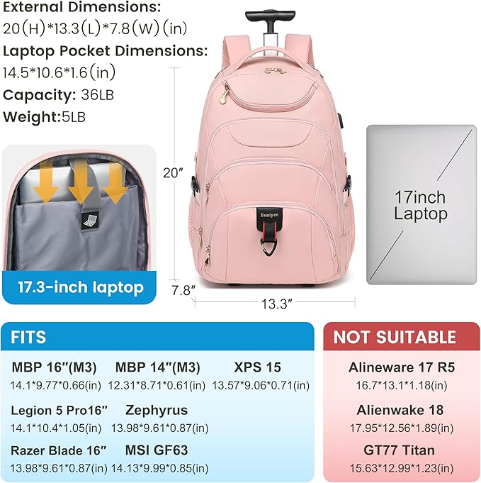 Boavan Rolling Backpack for Women, 17.3 Inch Wheeled Laptop Backpack, Large - Image 2