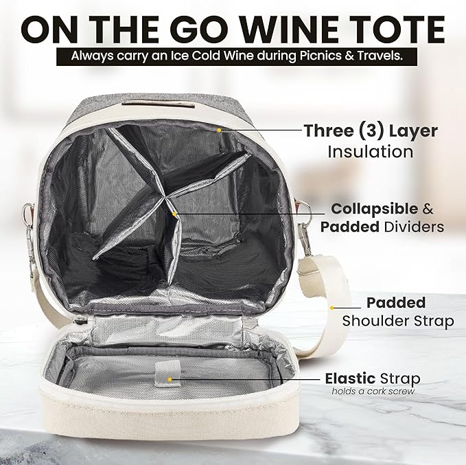 Insulated Wine Bag Cooler – Beige and Gray, Holds 4 Bottles, Wine Opener - Image 5