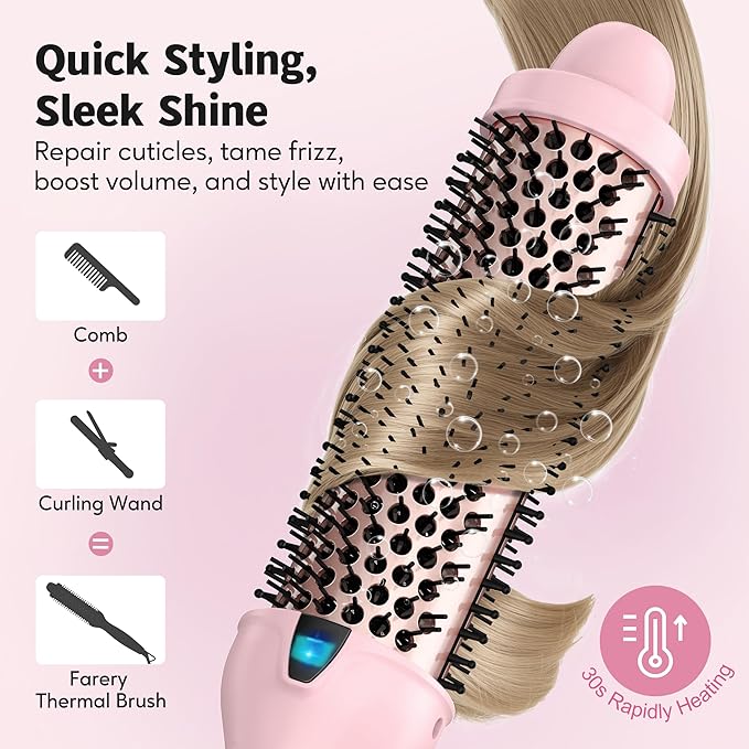 Farery Thermal Brush Extra Long Barrel, 1.5 Inch Hot Curling Wand for Big Bouncy Curls, Non-Blowing Heated Round Brush, Ceramic Curling Wand for Medium & Long Hair, 9 Adjustable Temps, Dual Voltage