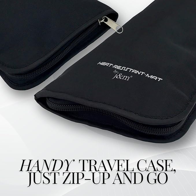 Flat Iron Hair Straightener Silicone Mat & Pouch Pack by j&m - with Heat Proof Mat for Curling Tongs/Wands/Irons - Fits ghd, BaByliss & Larger Straighteners - Zip-Up All-in-One Compact Travel Case