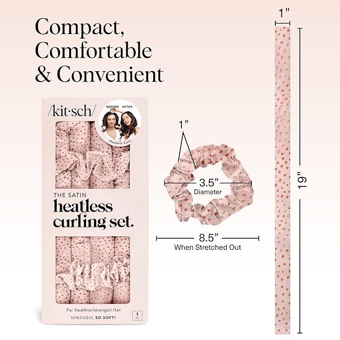 Kitsch Satin Heatless Curlers Set – Heatless Curls Overnight with 34" Hair Curler & 2 Satin Scrunchies, Comfortable No Heat Hair Curlers to Sleep In for Frizz-Free & Non-Damage Styling - Micro Dot