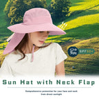 Fishing Hat Breathable Wide Brim Sun Hats with Neck Flap Bucket Hat Outdoor Safari Hat for Men Women UPF 50+ Sun Protection Pink (Pink)