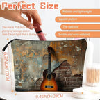 Cosmetic Bags Travel Makeup Toilet Case Waterproof Pouch for Women Girls 6.7X9.45inches - Guitar'S Solitary Pose Against A Rustic Wall