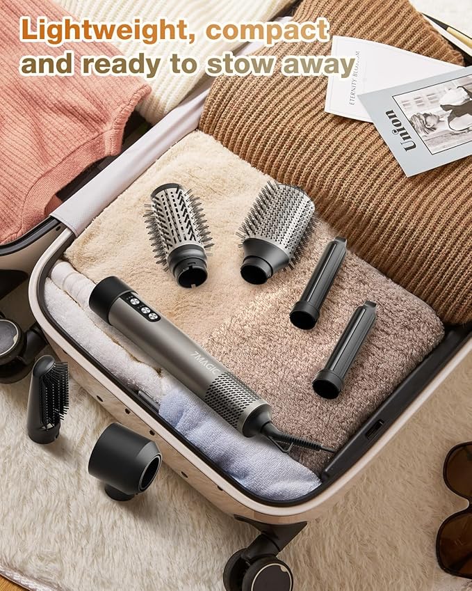 7MAGIC 6 in 1 Multi Hair Styler Dryer Brush, 110,000 RPM High-Speed, Negative Ionic, Fast Drying for Professional Blow Dry, Curling, Volumizing, Straightening and Styling, Silver
