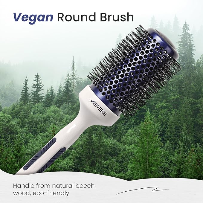 AIMIKE Nano Ionic Tech Large Round Brush, Ceramic Brush for Blow Drying, Styling and Boosting Volume, Natural Wood Handle - 2 Inch/52mm