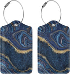 2PC Dark Blue Marble Luggage Tags Leather Suitcase Tag Privacy Name ID Card - Image 3