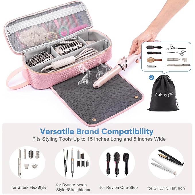 2IN1 Hair Tools Travel Bag with Heat Resistant Mat for Shark Flexstyle, Flat Irons, Straighteners, Curling Iron, Hair Dryer Case Compatible with Revlon One-Step Hair Dryer, Hair Essentials
