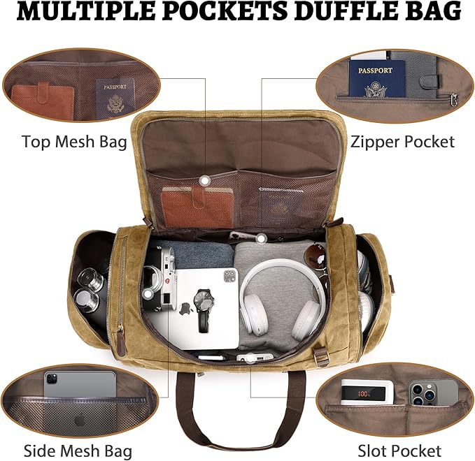 50L Duffle Bag for Men, Nomad Waxed Canvas Travel Duffel Bag Vintage Genuine - Image 4