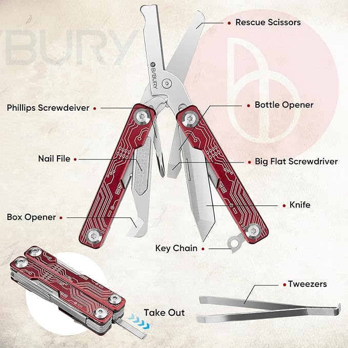 BIBURY Mini Keychain Multitool Scissors BI2061R, 9 in 1 Multitool EDC Scissors - Image 2
