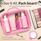 Pink Makeup Cosmetic Bag, Travel Toiletry Bag, Cute Makeup Pouch, Transparent Travel Case, Clear Front, Waterproof and Quart Size Bag, Best Gift for Girls, Teens, Women