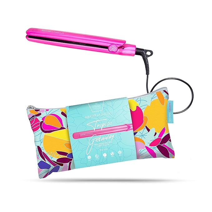 Almost Famous Tropico Getaway 0.5 inches Mini Tourmaline & Ceramic Hair Straightener Flat Iron with Stunning Travel Bag with Set Temperature, All Hairstyles (Waikiki)