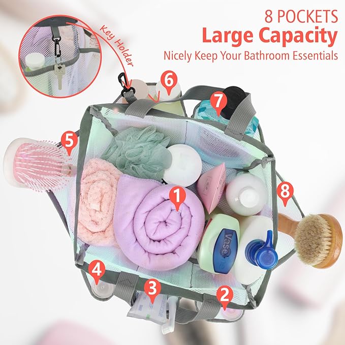 F-color Mesh Shower Caddy Portable, Upgrade Deeper 7 Pockets Shower Bag Basket - Image 2